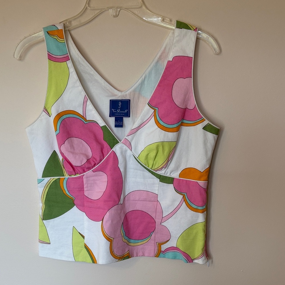 Tori Richard White Tank with Pink Floral & Lime Green Accents